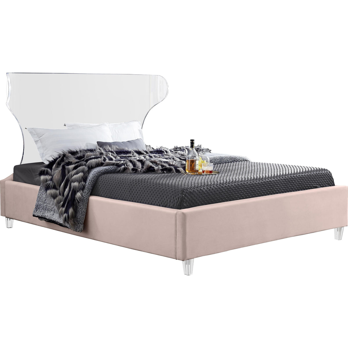 Meridian Ghost Pink Velvet King Bed