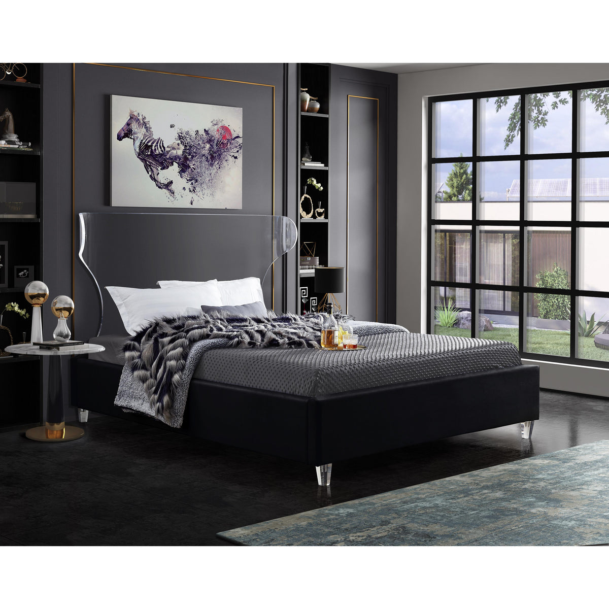 Meridian Ghost Black Velvet Queen Bed