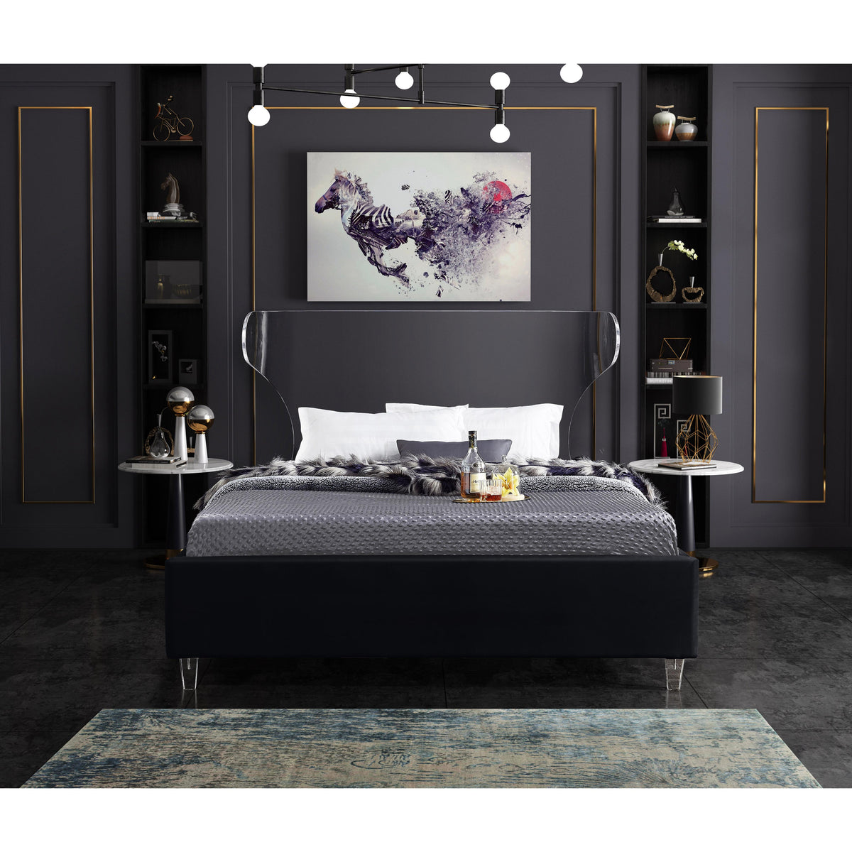 Meridian Ghost Black Velvet Queen Bed
