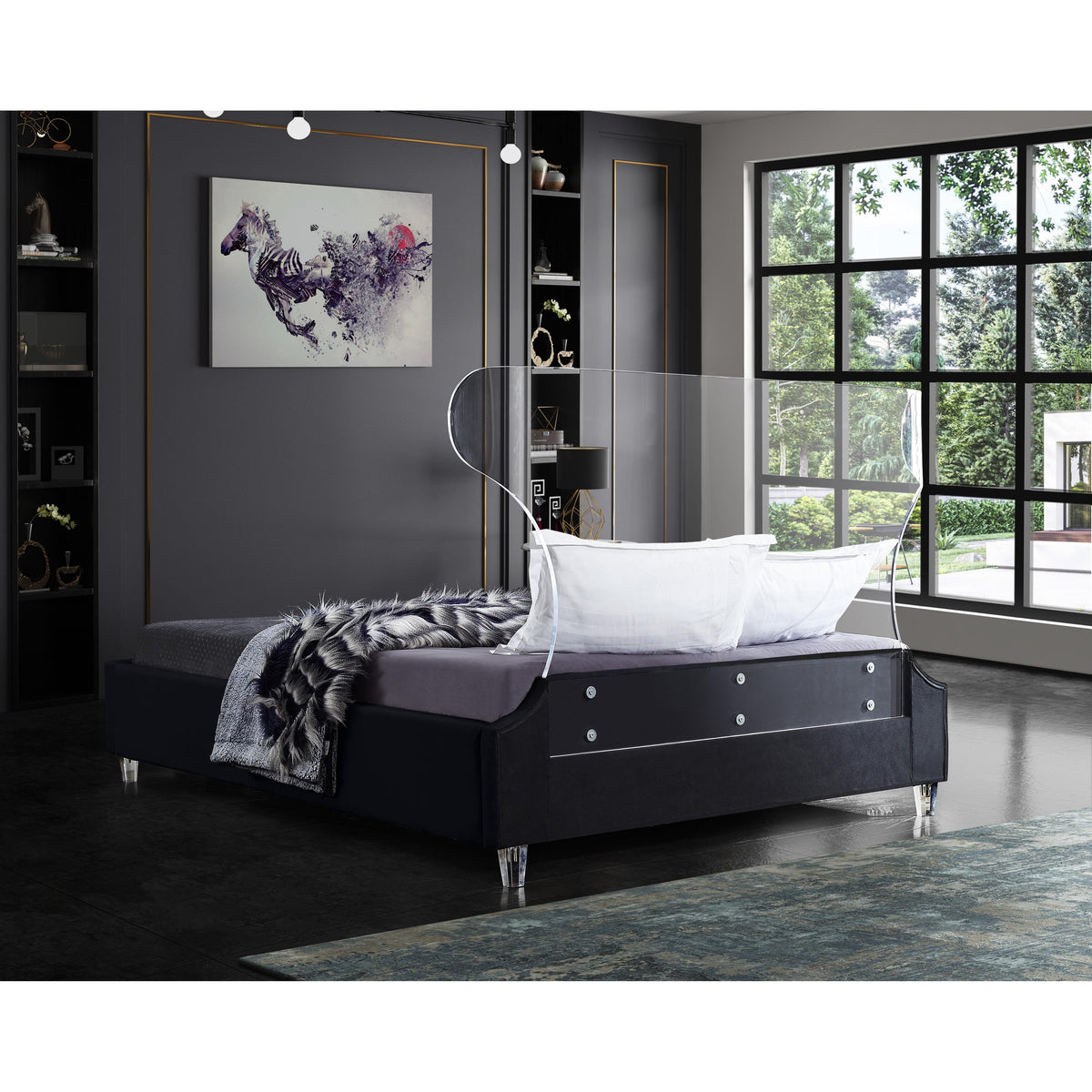 Meridian Ghost Black Velvet Queen Bed