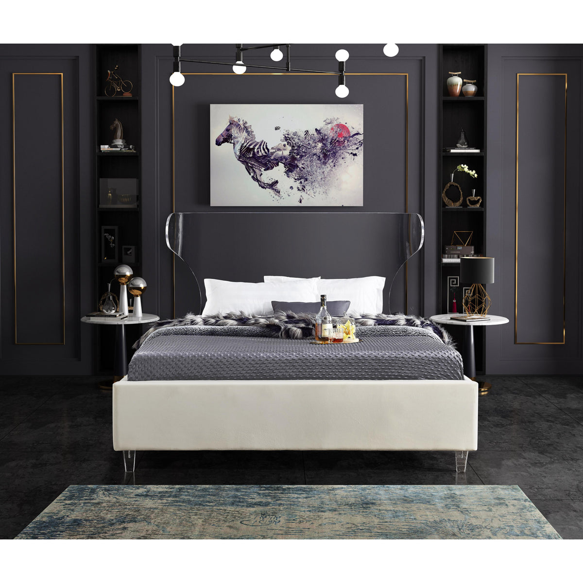 Meridian Ghost Cream Velvet Queen Bed