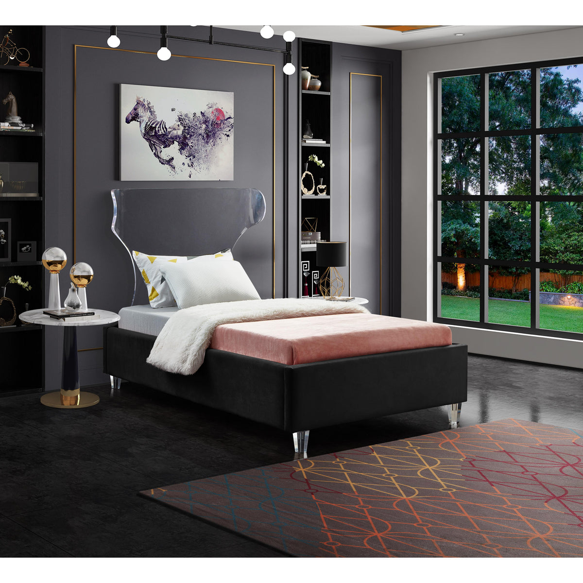 Meridian Ghost Black Velvet Twin Bed