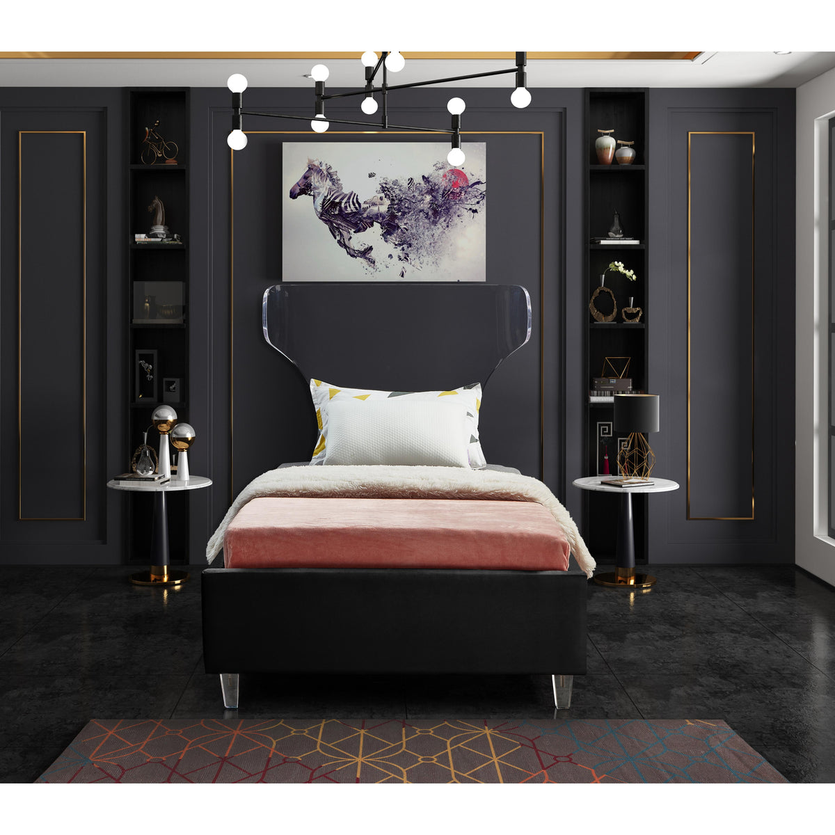 Meridian Ghost Black Velvet Twin Bed