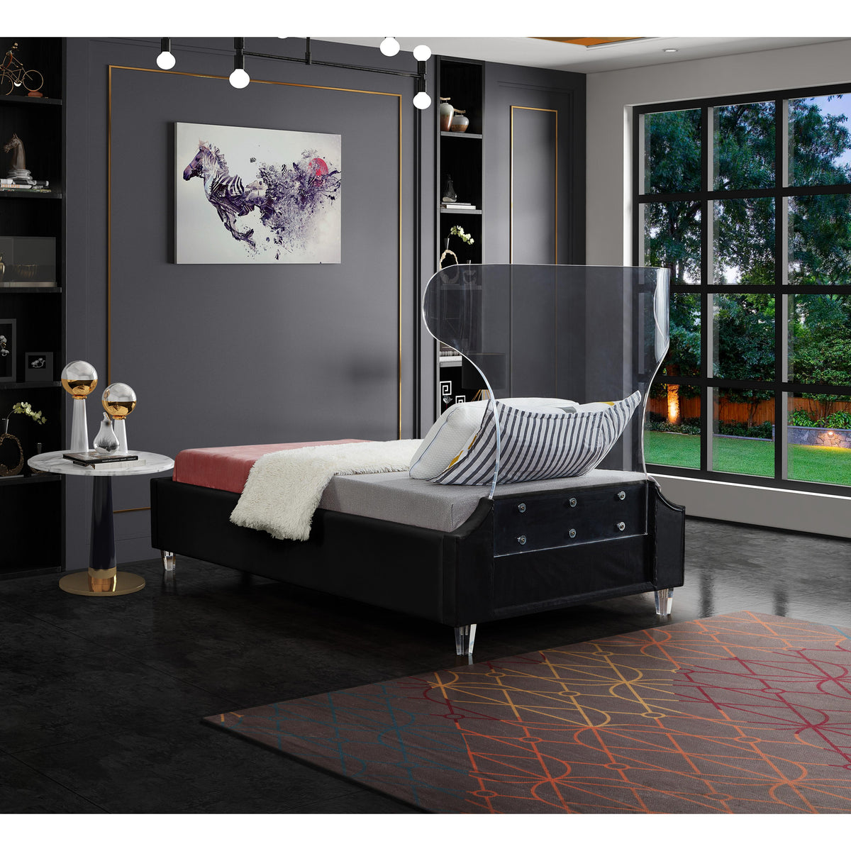Meridian Ghost Black Velvet Twin Bed