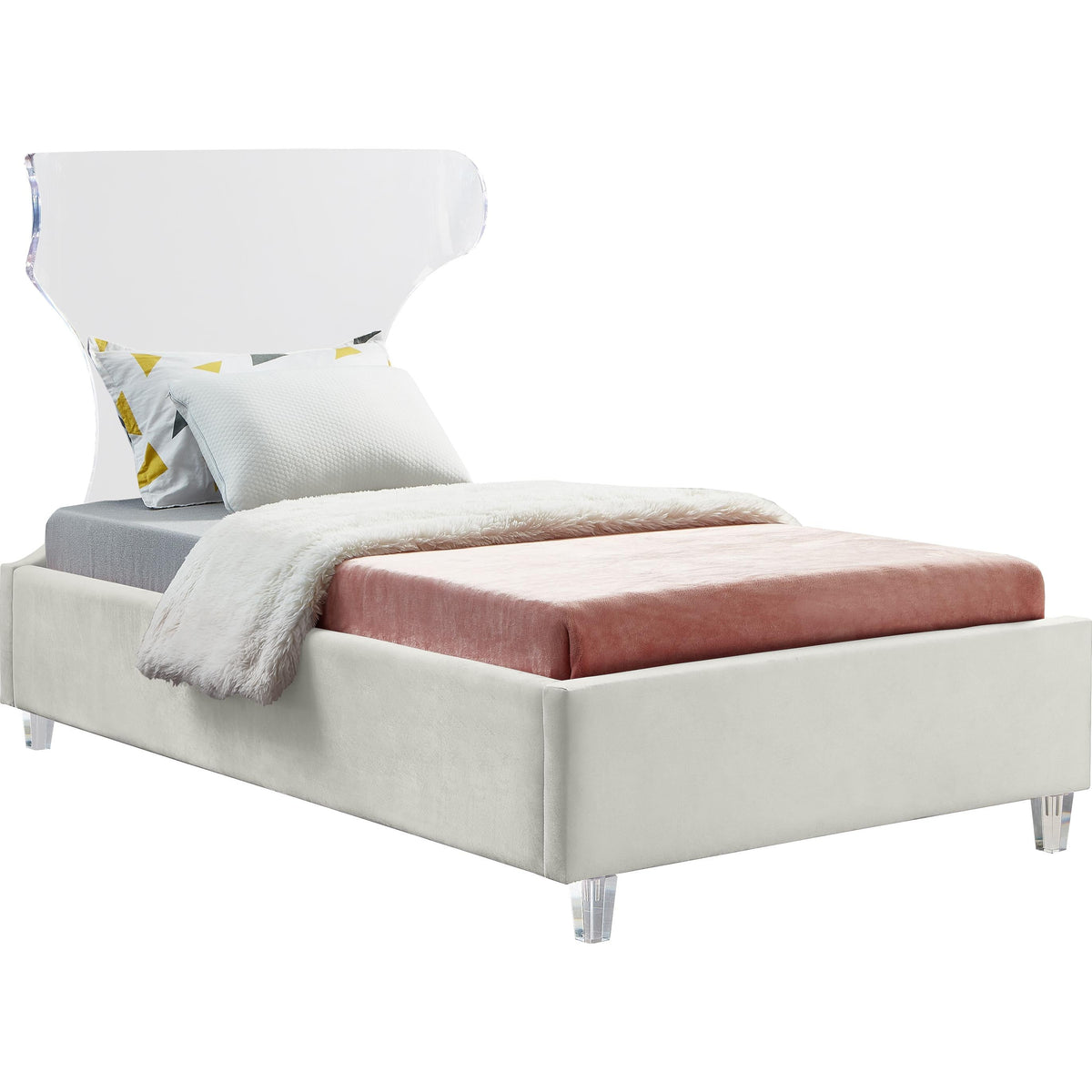 Meridian Ghost Cream Velvet Twin Bed