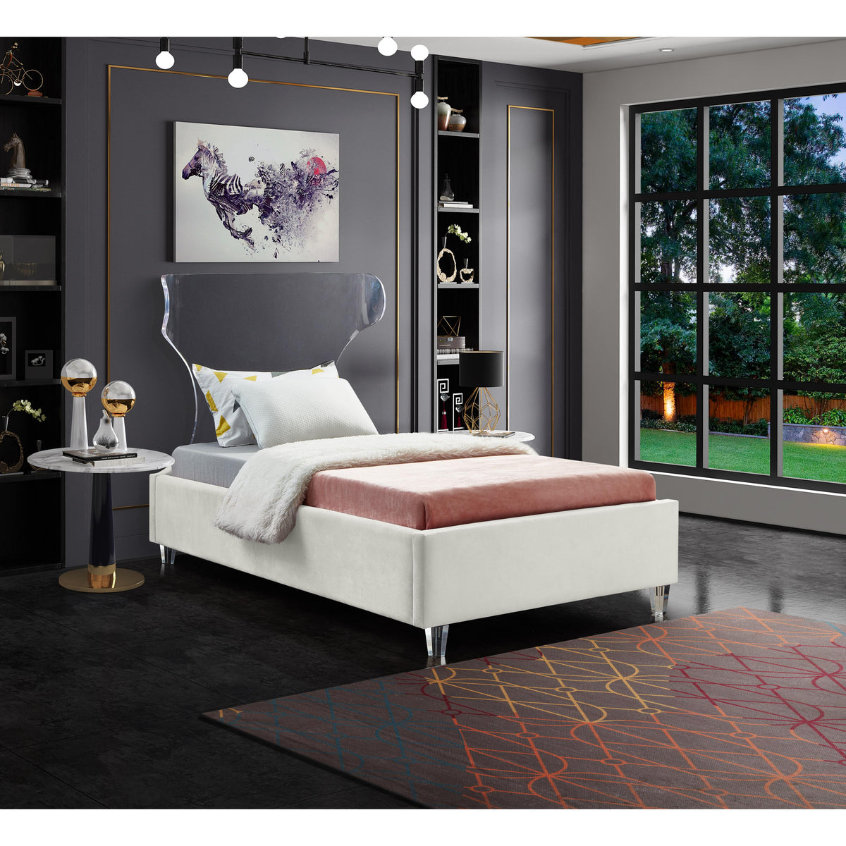Meridian Ghost Cream Velvet Twin Bed