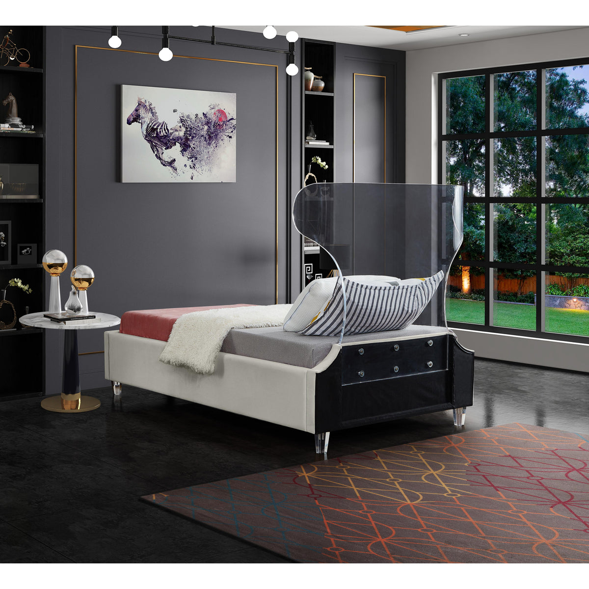 Meridian Ghost Cream Velvet Twin Bed