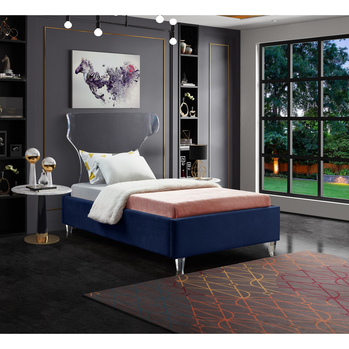 Meridian Ghost Navy Velvet Twin Bed
