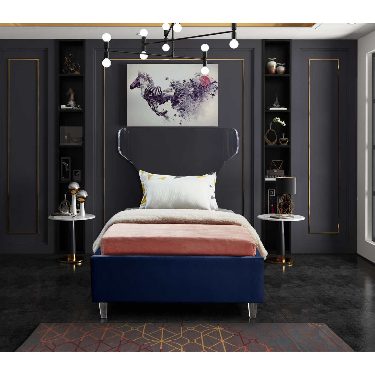 Meridian Ghost Navy Velvet Twin Bed