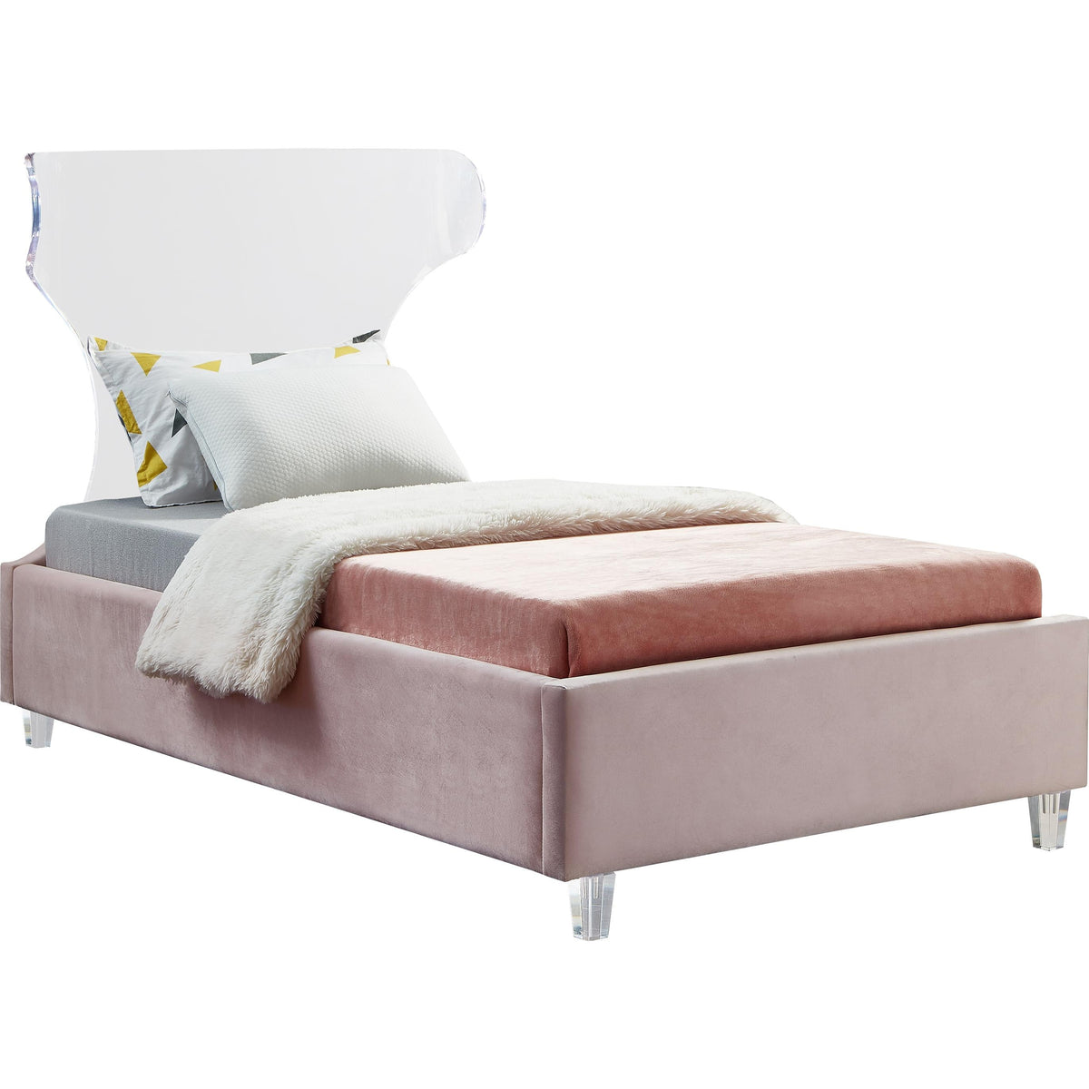 Meridian Ghost Pink Velvet Twin Bed