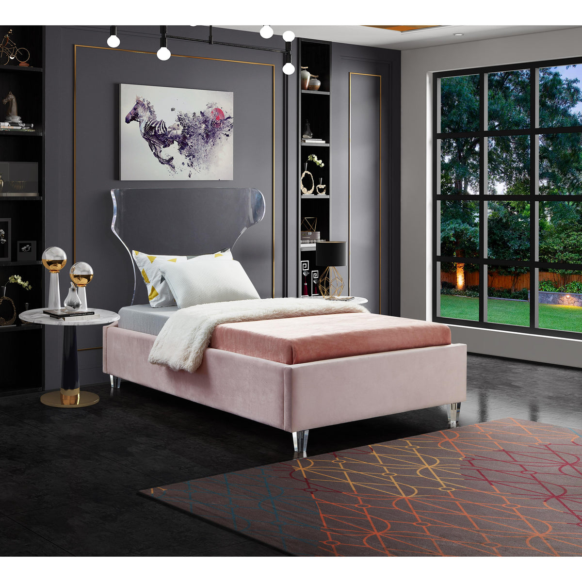 Meridian Ghost Pink Velvet Twin Bed