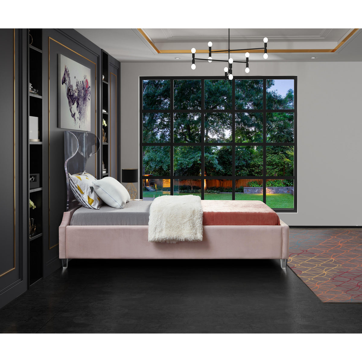 Meridian Ghost Pink Velvet Twin Bed