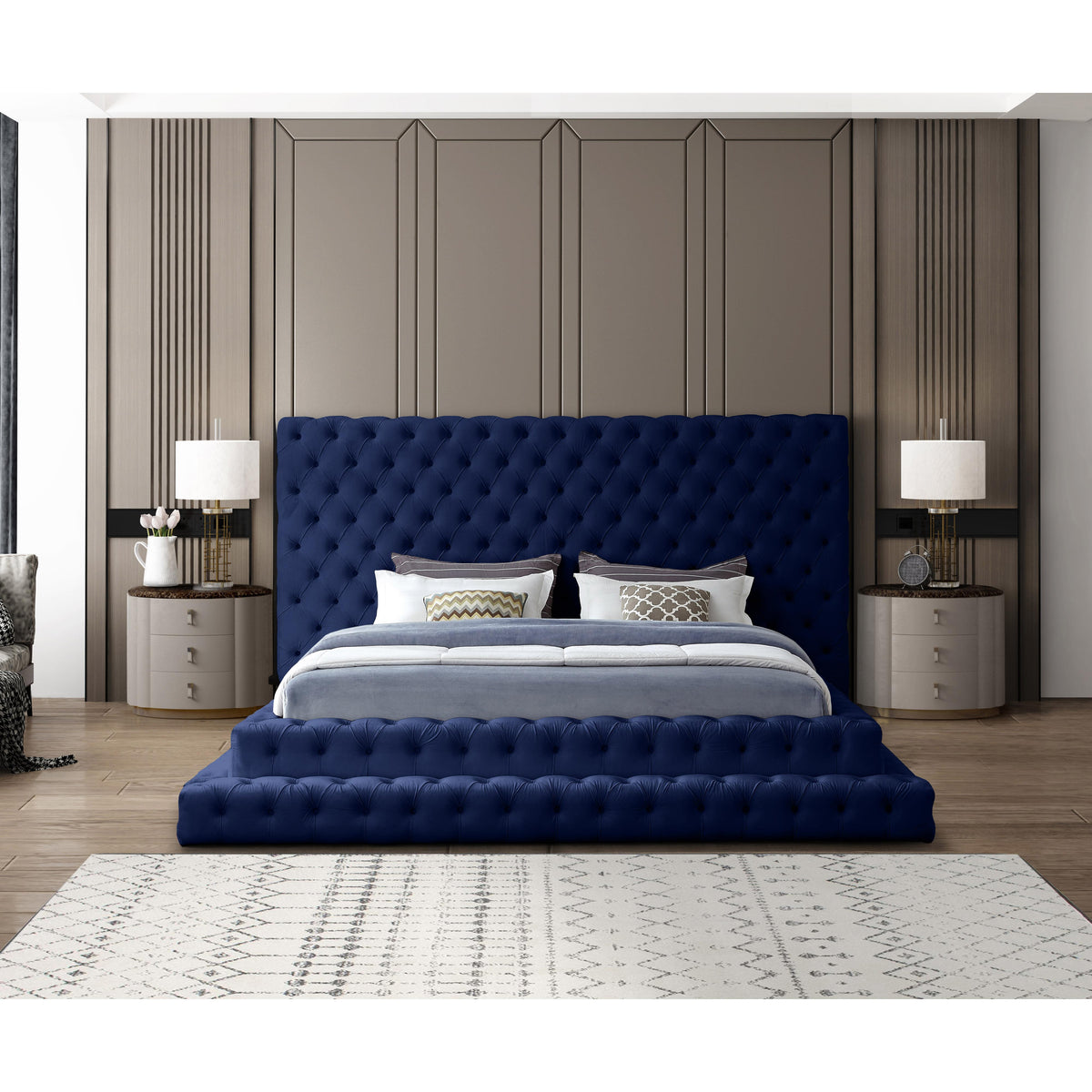 Meridian Revel Navy Velvet King Bed (3 Boxes)