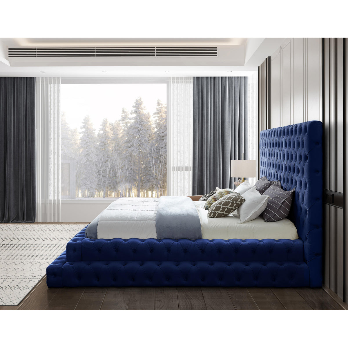 Meridian Revel Navy Velvet King Bed (3 Boxes)