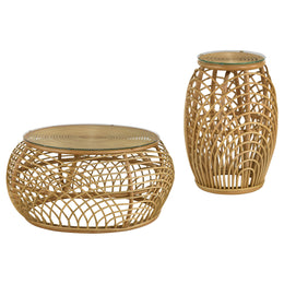 Dahlia  Round Rattan Coffee and End Table Set Natural