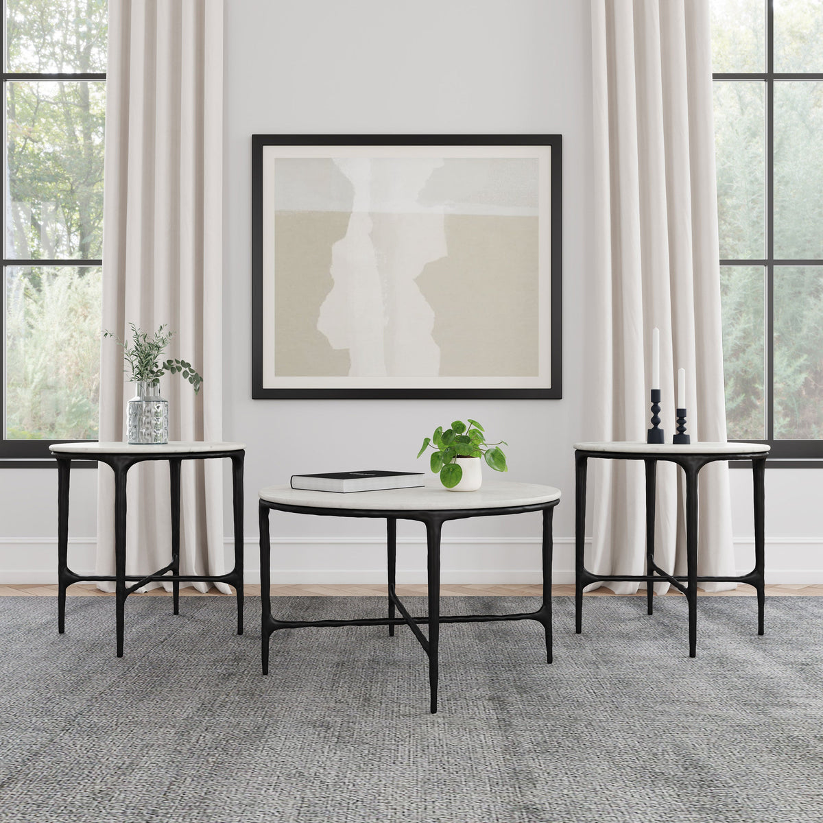 Hermas  Round Marble Coffee and End Table Set White