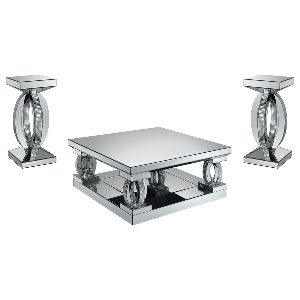 Amalia  Mirrored Coffee and End Table Set Silver