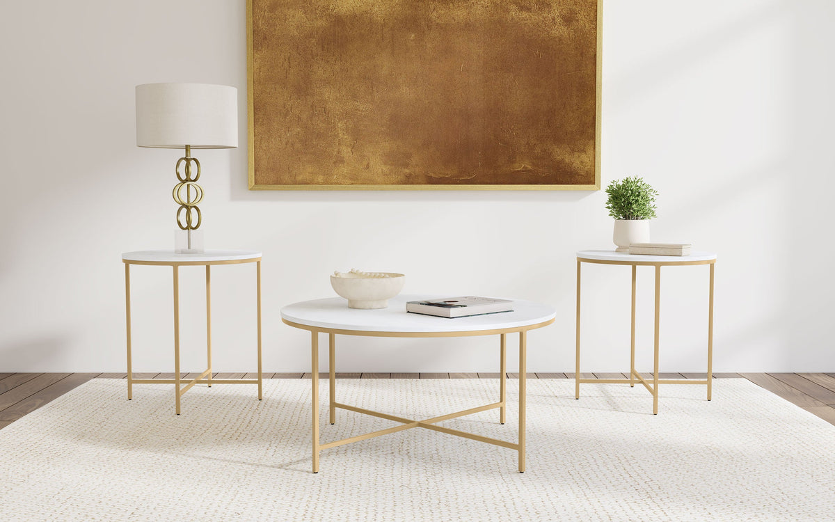 Ellison  Round Marble Coffee and End Table Set White