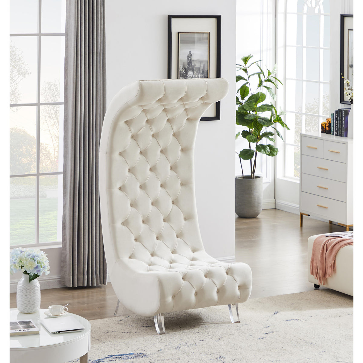 Meridian Crescent Cream Velvet Accent Chair