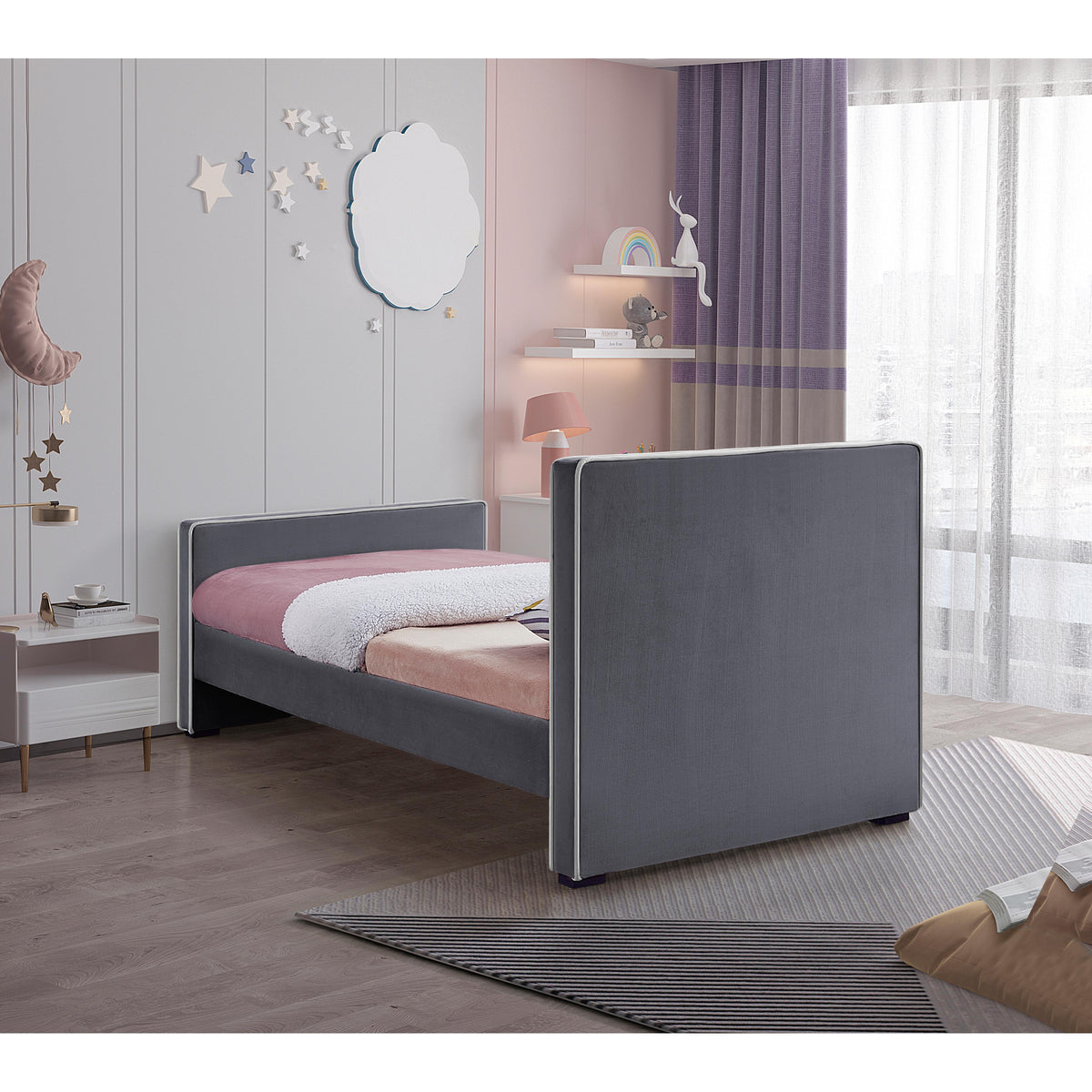 Meridian Dillard Grey Velvet Twin Bed