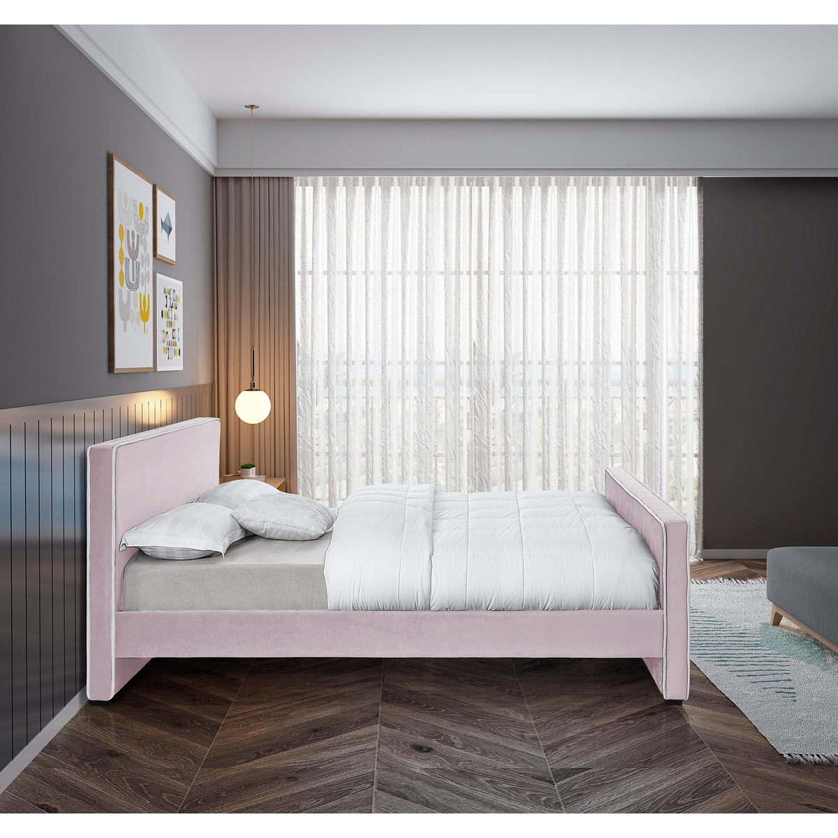 Meridian Dillard Pink Velvet Queen Bed