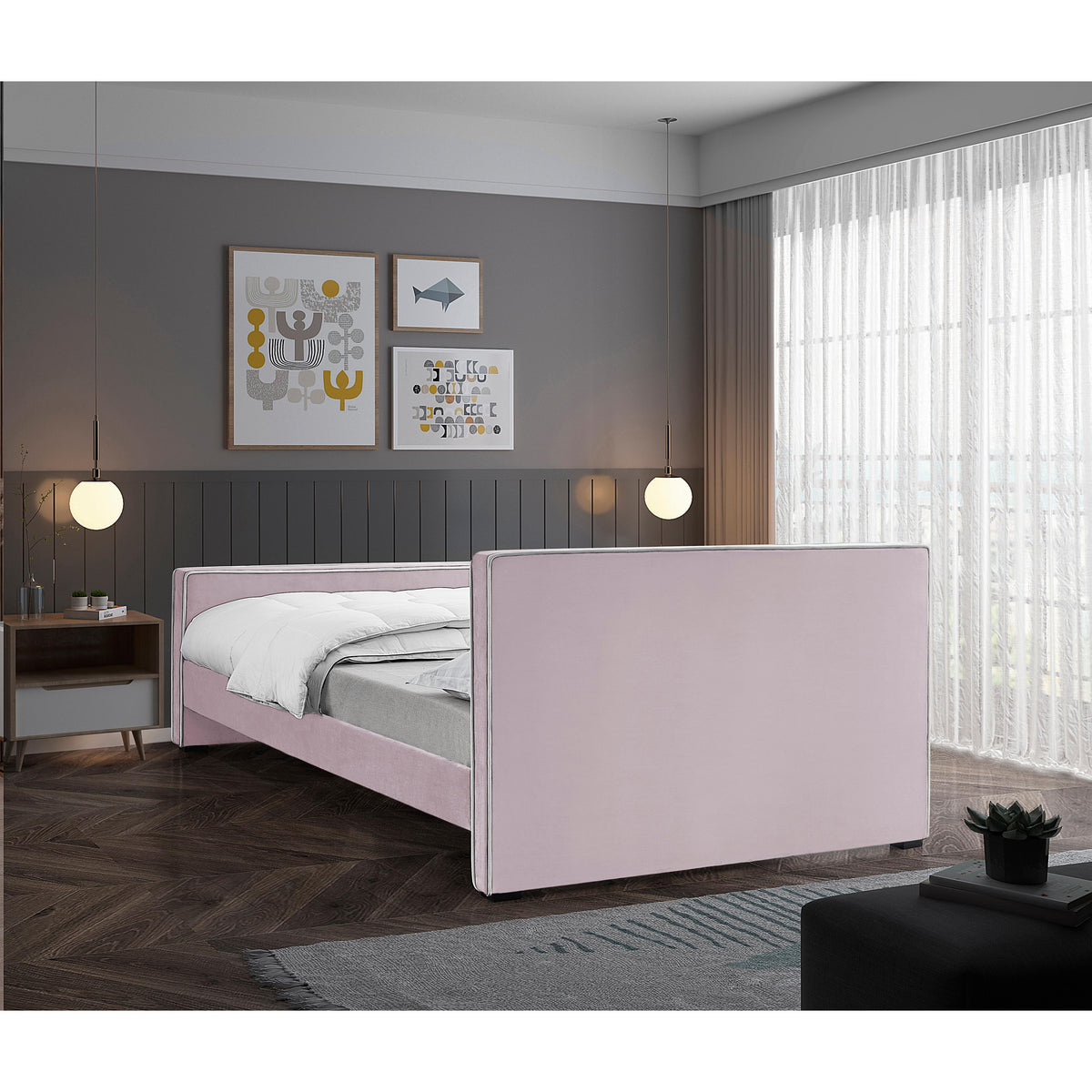Meridian Dillard Pink Velvet Queen Bed