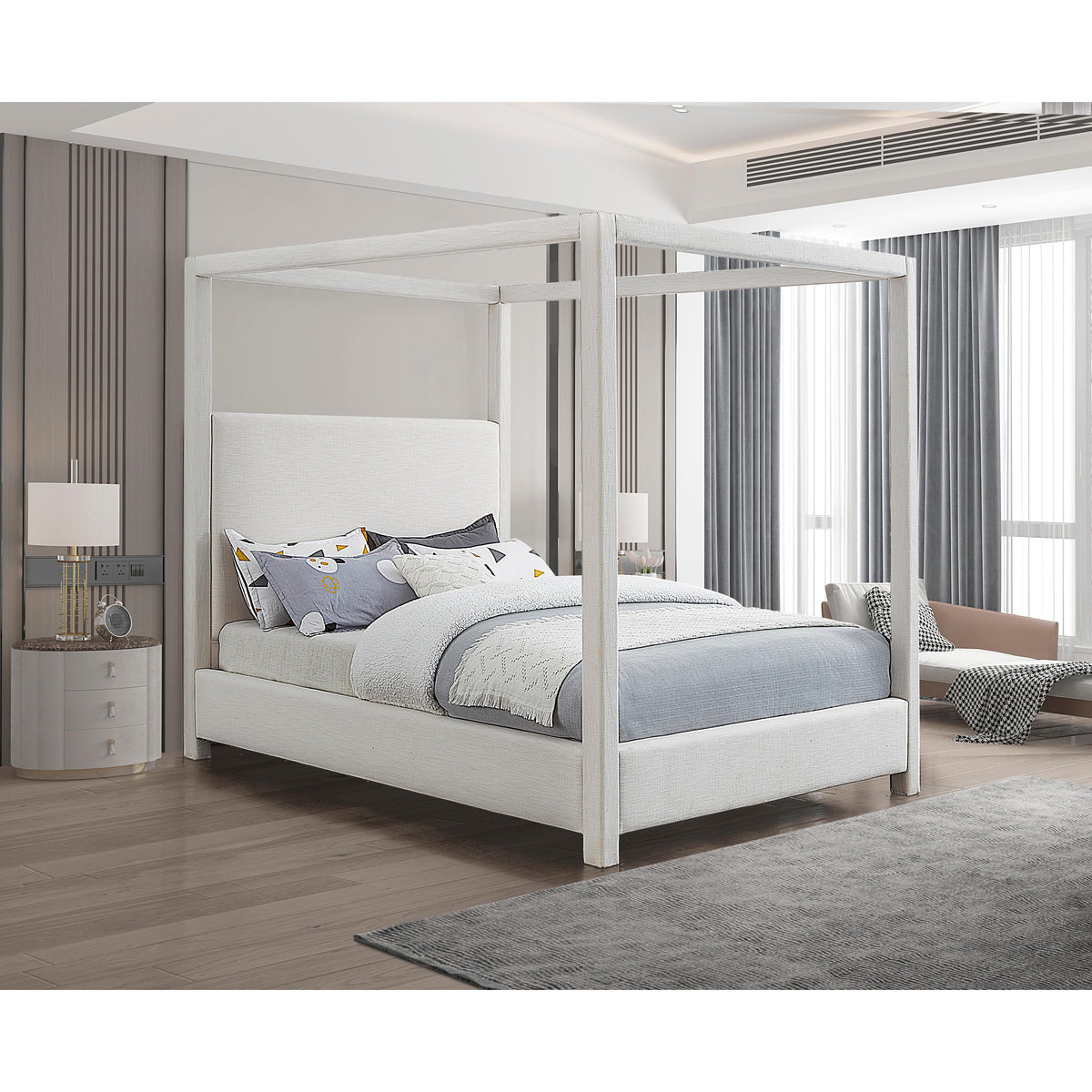 Meridian Emerson Cream Linen Textured Fabric King Bed (3 Boxes)