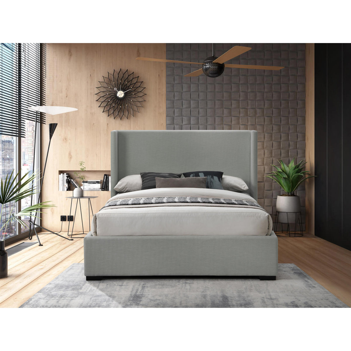 Meridian Oxford Grey Linen Textured Fabric King Bed (3 Boxes)