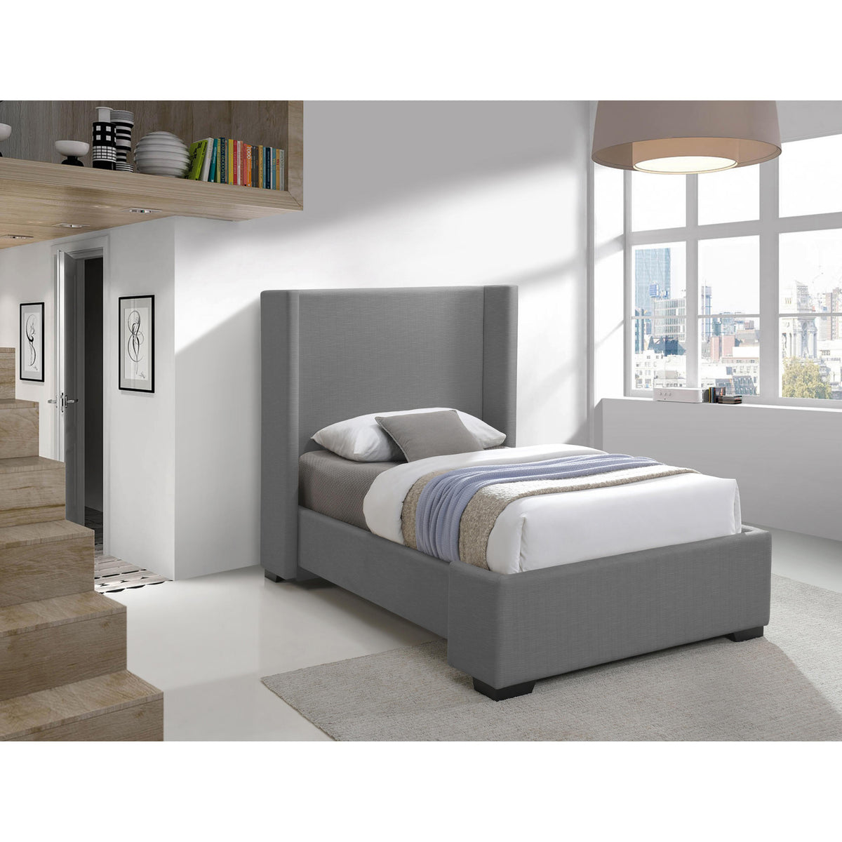 Meridian Oxford Grey Linen Textured Fabric Twin Bed (3 Boxes)
