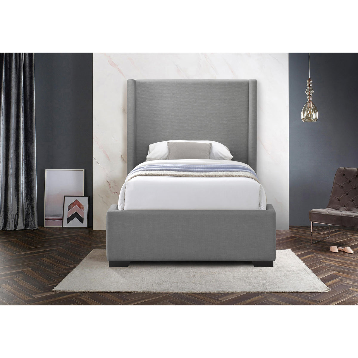 Meridian Oxford Grey Linen Textured Fabric Twin Bed (3 Boxes)