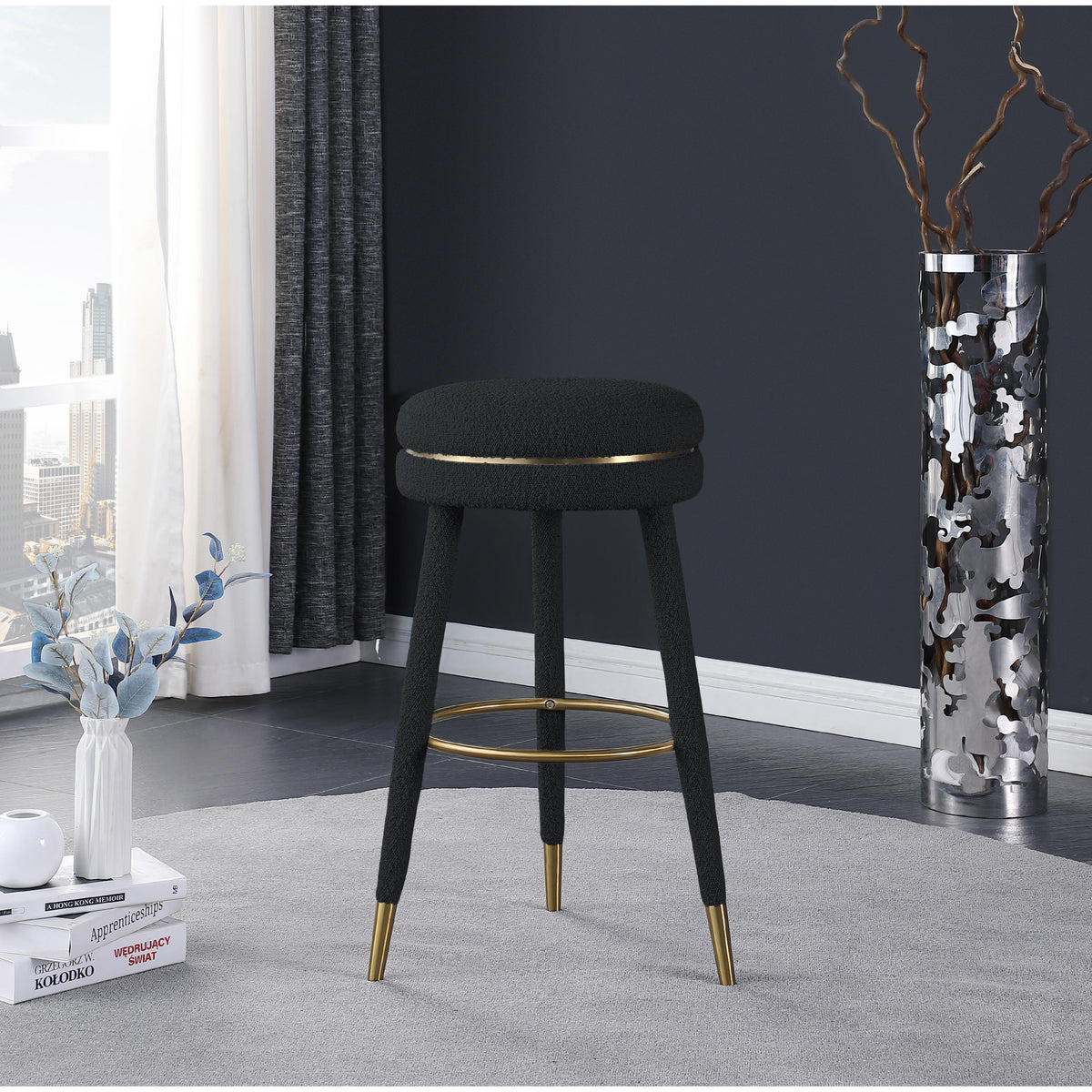 Meridian Coral Black Boucle Fabric Bar Stool