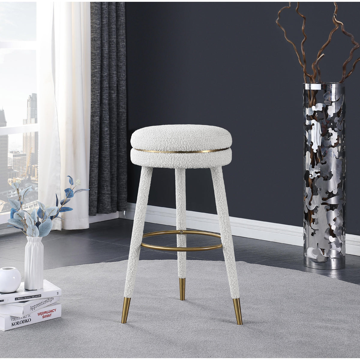 Meridian Coral Cream Boucle Fabric Bar Stool