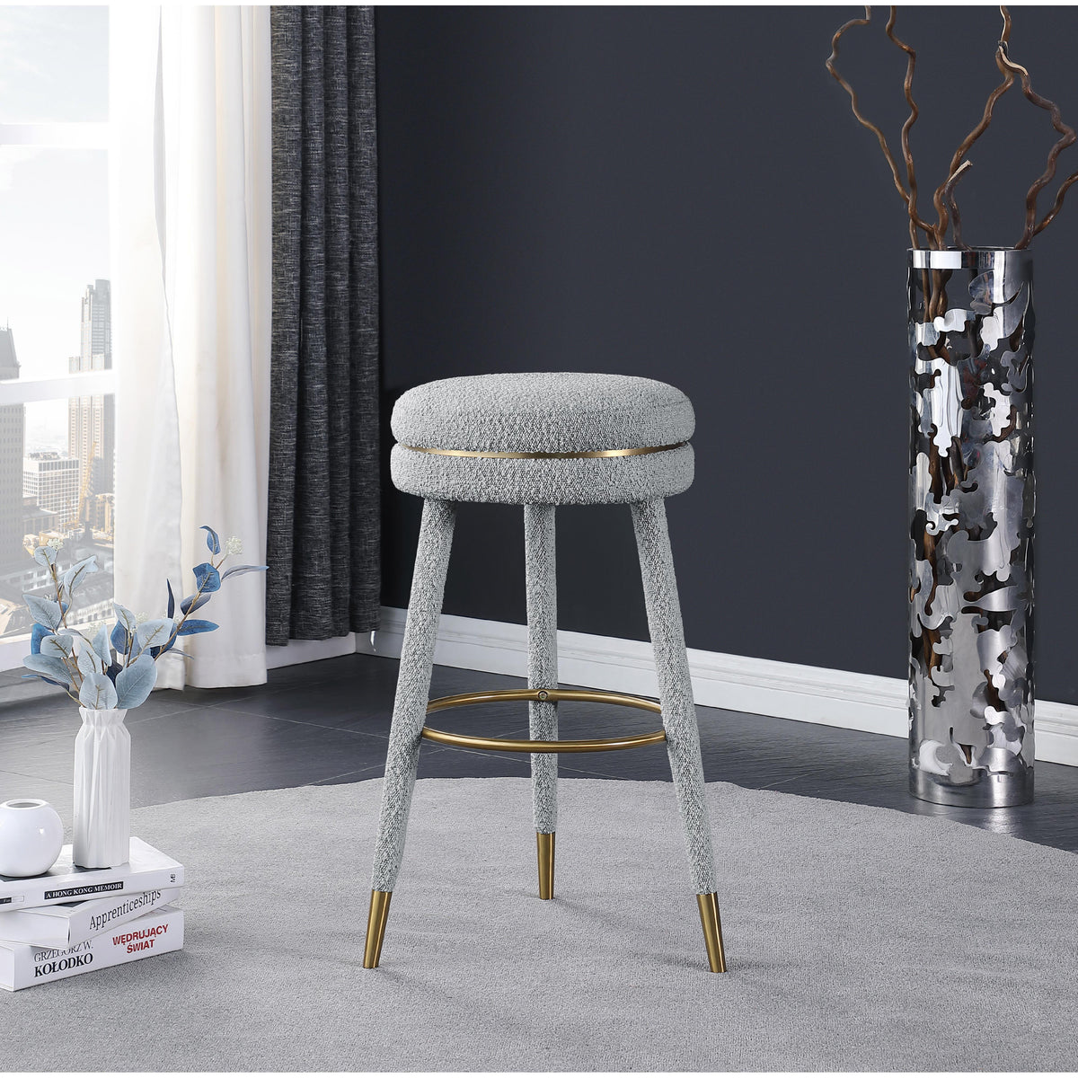 Meridian Coral Grey Boucle Fabric Bar Stool