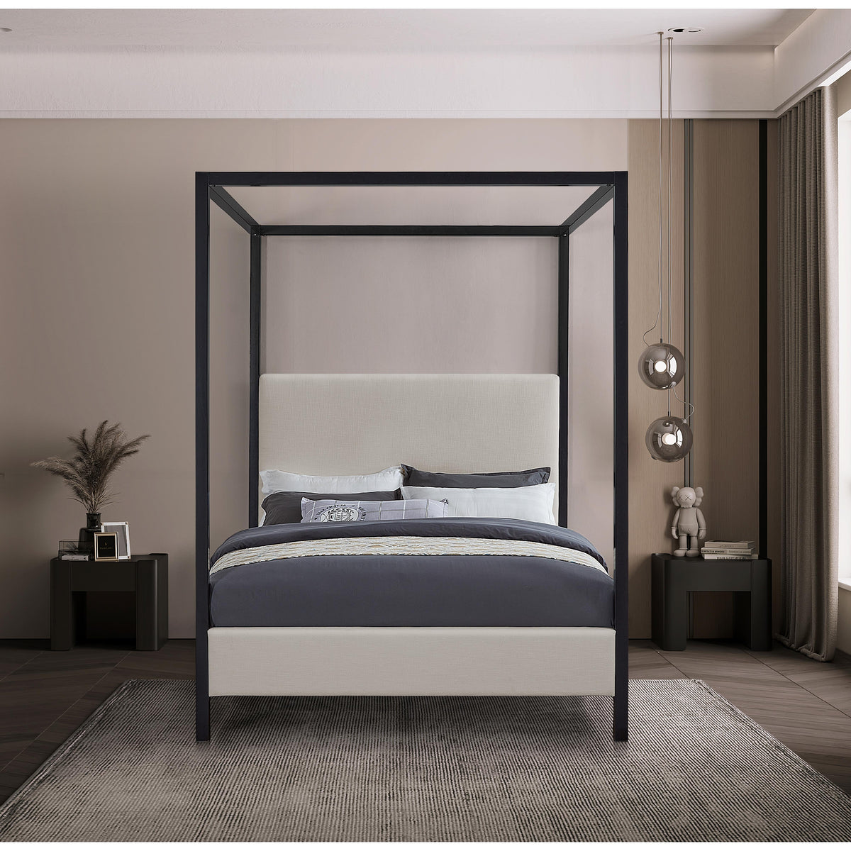 Meridian James Beige Linen Textured Fabric King Bed
