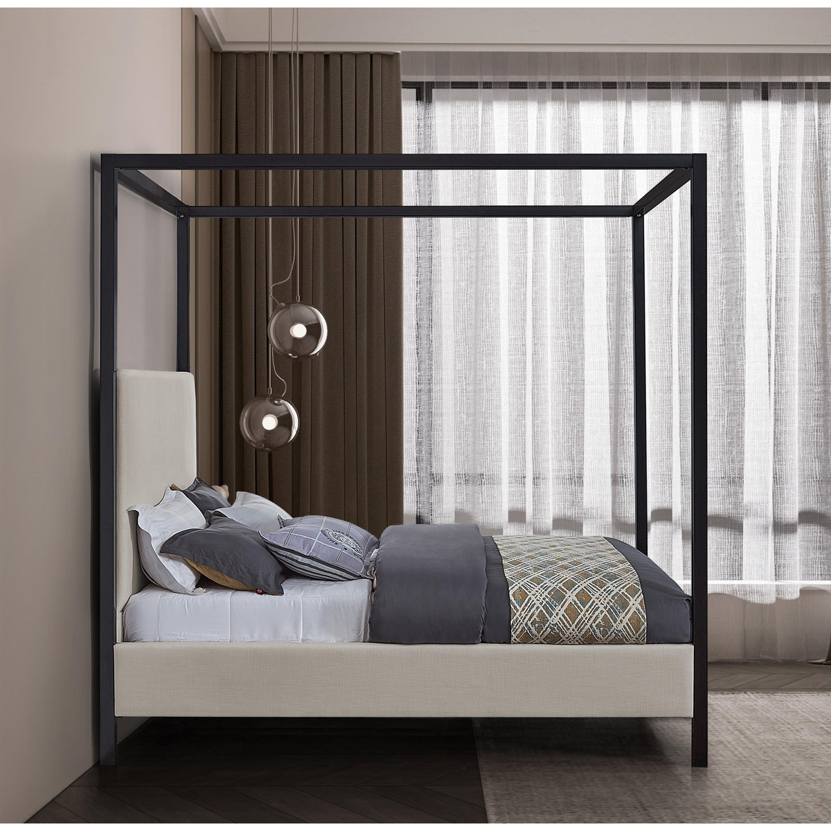 Meridian James Beige Linen Textured Fabric Queen Bed