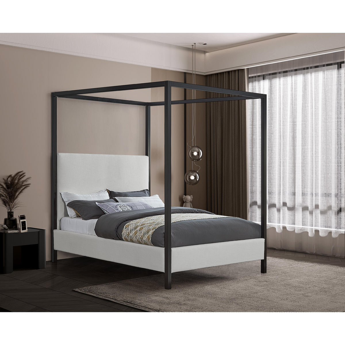 Meridian James Cream Linen Textured Fabric King Bed