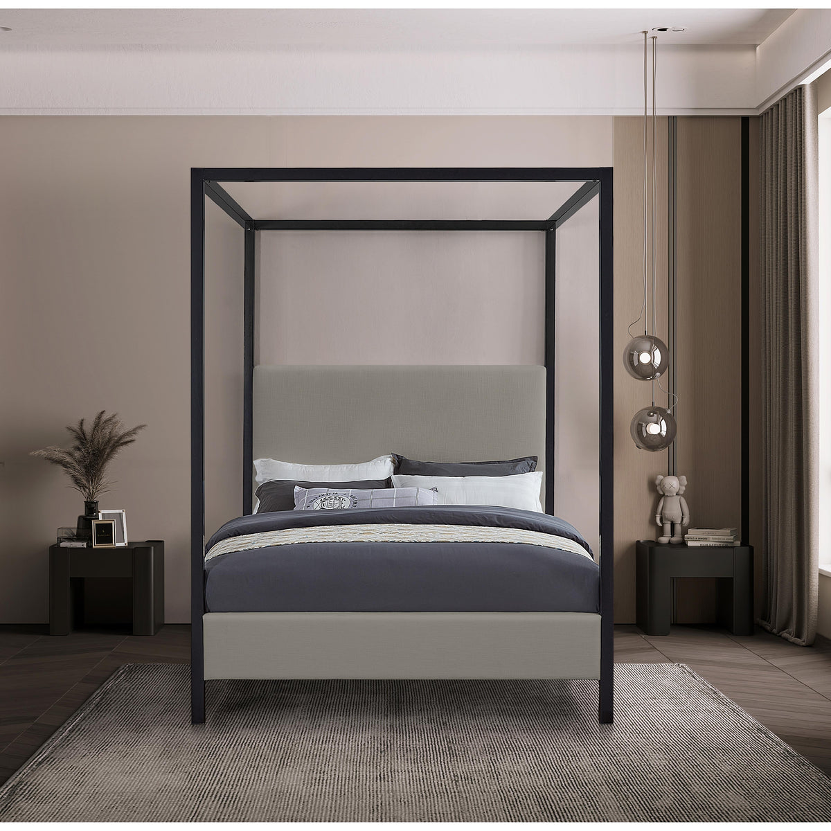 Meridian James Grey Linen Textured Fabric Queen Bed