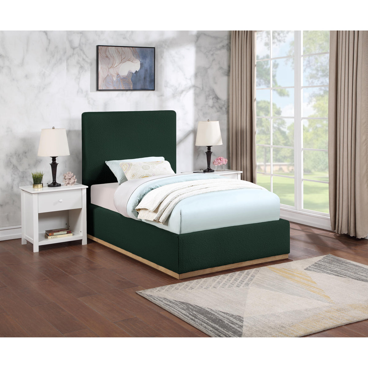 Meridian Monaco Green Boucle Fabric Twin Bed