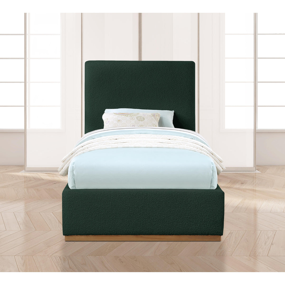 Meridian Monaco Green Boucle Fabric Twin Bed