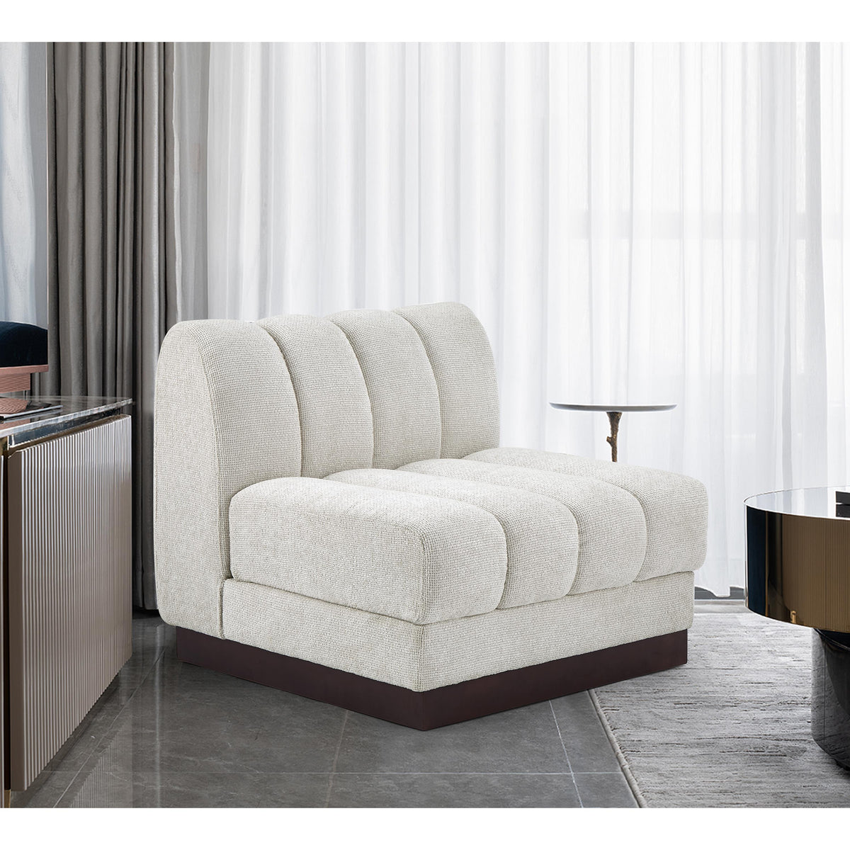 Meridian Quinn Cream Chenille Fabric Armless Chair