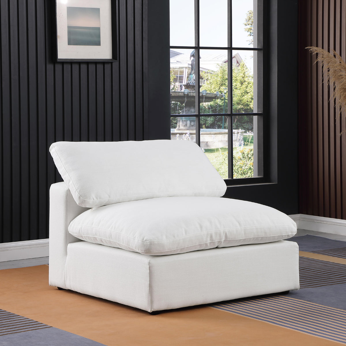 Meridian Comfy White Linen Textured Fabric Modular Armless Chair