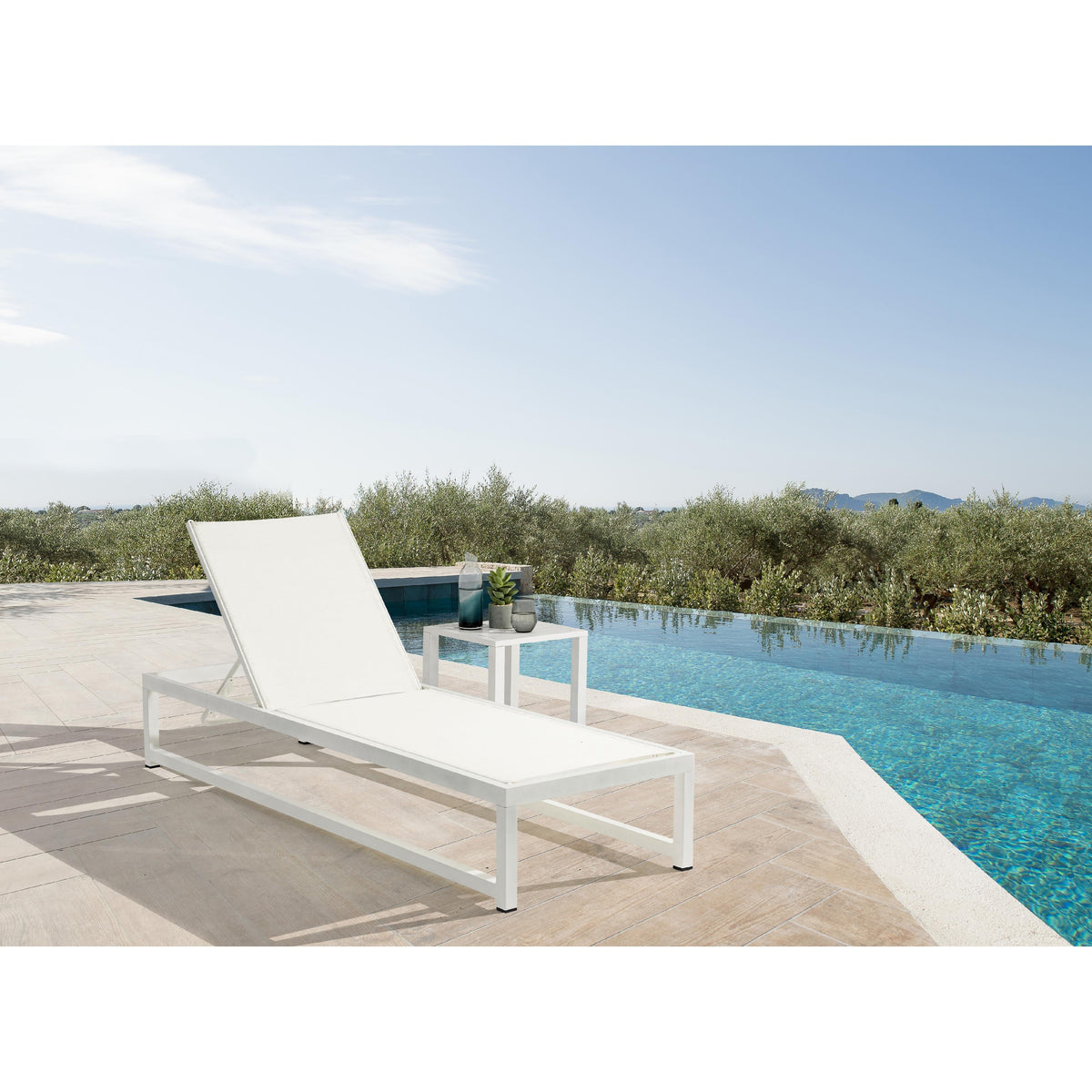 Meridian Maldives Cream Mesh Water Resistant Fabric Outdoor Patio Adjustable Sun Chaise Lounge Chair
