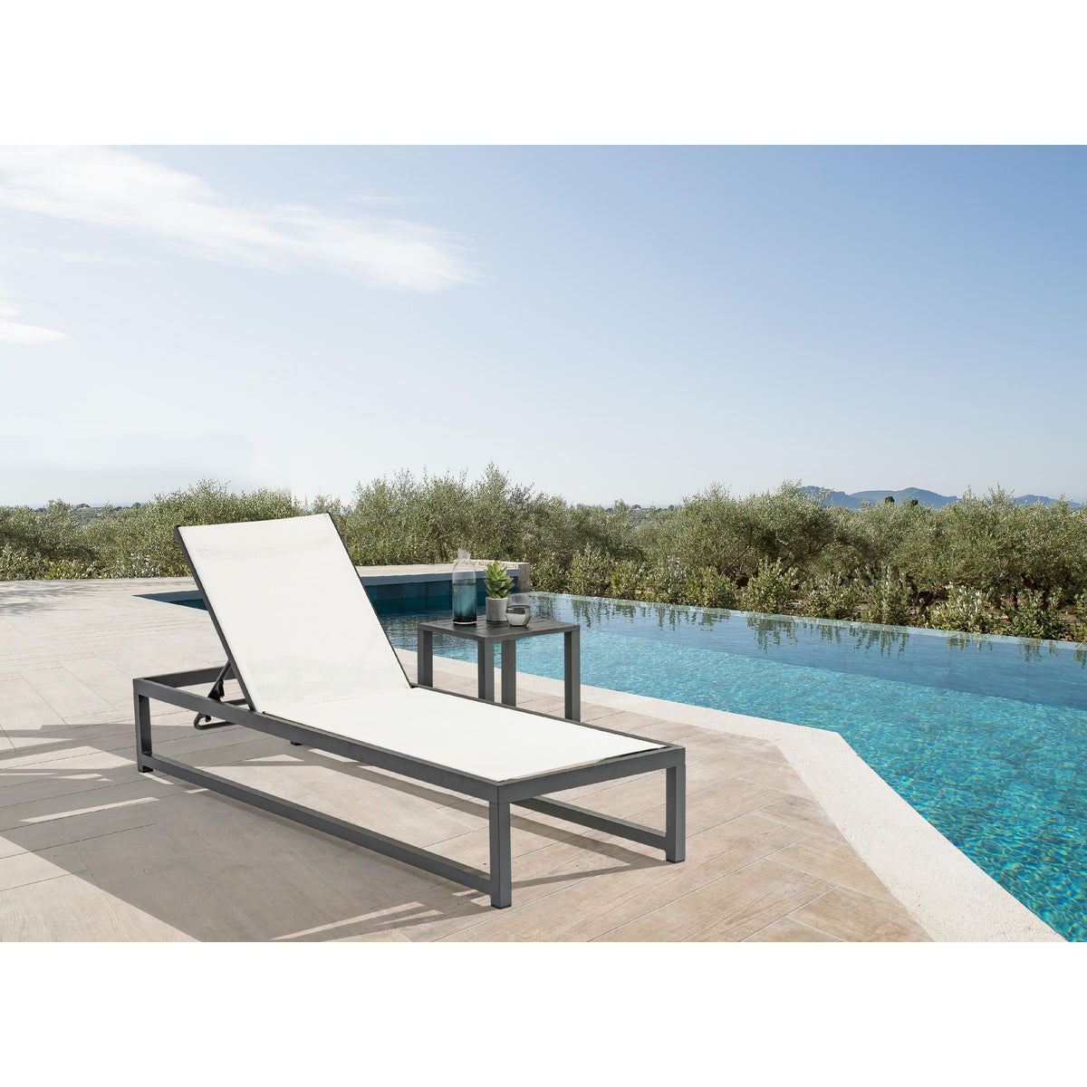 Meridian Maldives Cream Mesh Water Resistant Fabric Outdoor Patio Adjustable Sun Chaise Lounge Chair