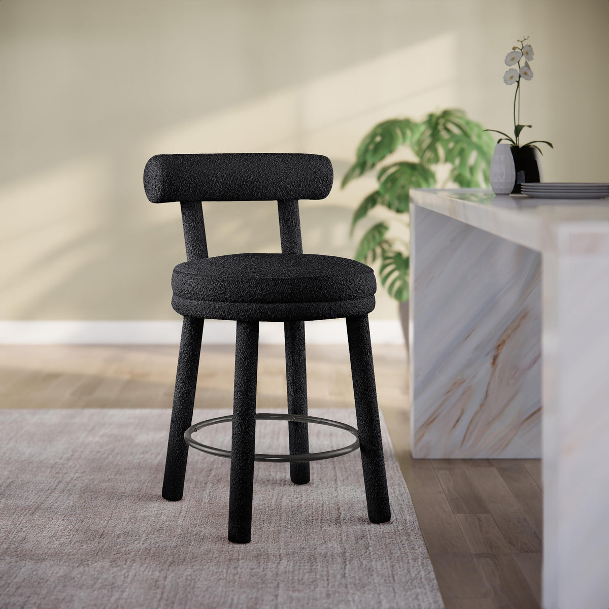 Meridian Parlor Black Boucle Fabric Stool