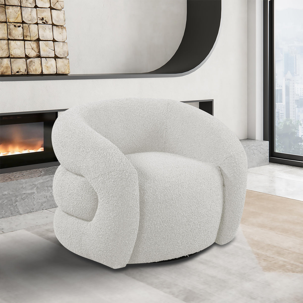 Meridian Roxbury Cream Boucle Fabric Swivel Accent Chair