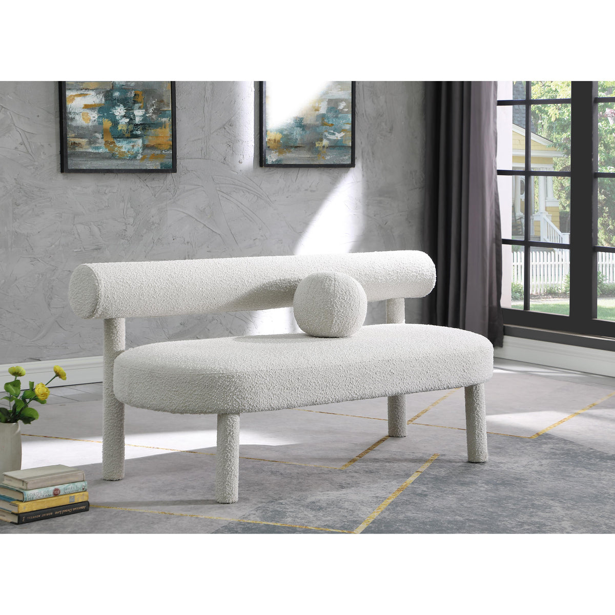 Meridian Parlor Cream Boucle Fabric Bench
