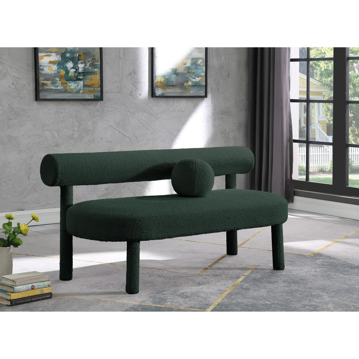 Meridian Parlor Green Boucle Fabric Bench