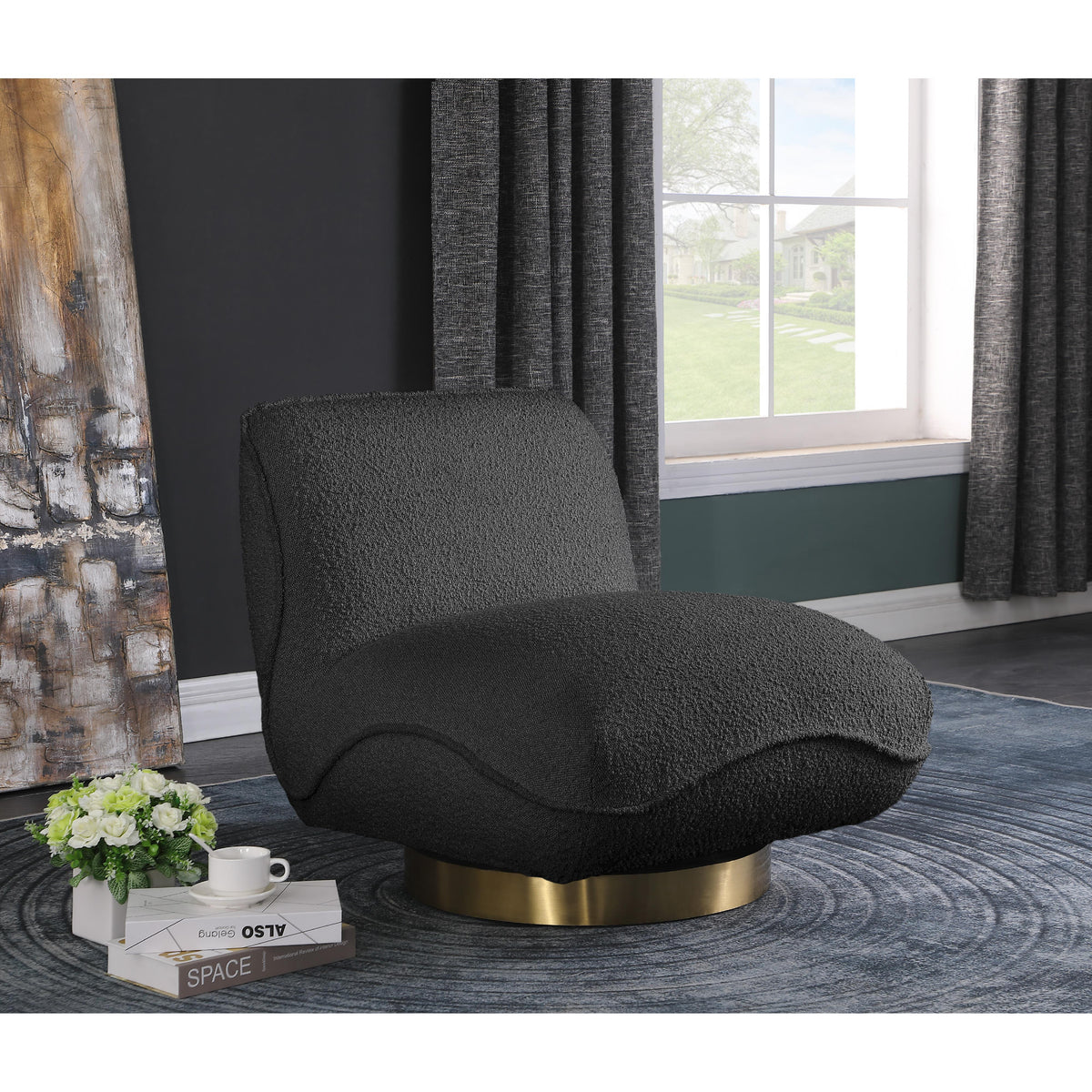Meridian Geneva Black Boucle Fabric Swivel Accent Chair