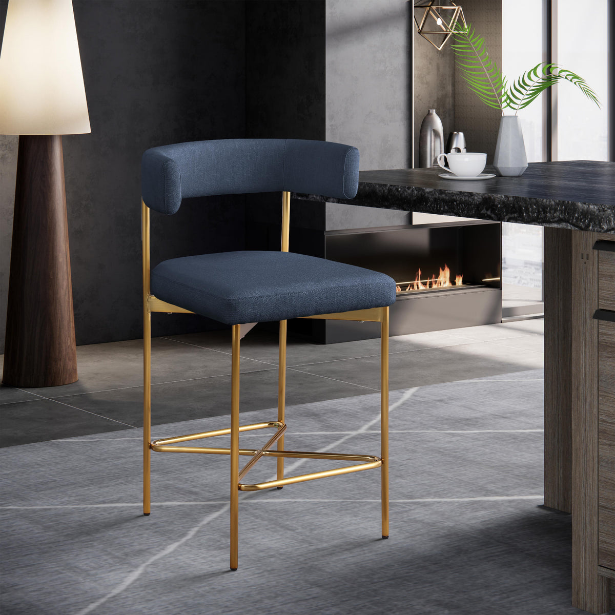 Meridian Rivage Deep Navy Durable Linen Textured Fabric Stool