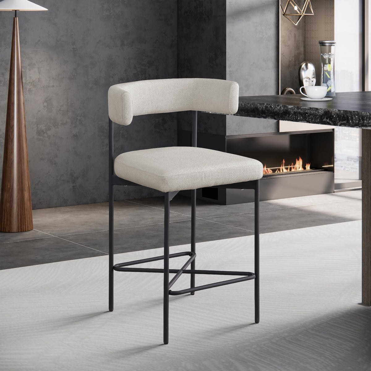 Meridian Rivage Beige Durable Linen Textured Fabric Stool